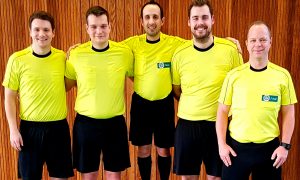 Die Norddeutschen Schiedsrichter beim Landesauswahlturnier 2018: Andre Röpke (Schleswig-Holstein), Jonathan Spindler, Omar Amarkhel (beide Hamburg), Florian Deckwert und Marcus Schierbaum.